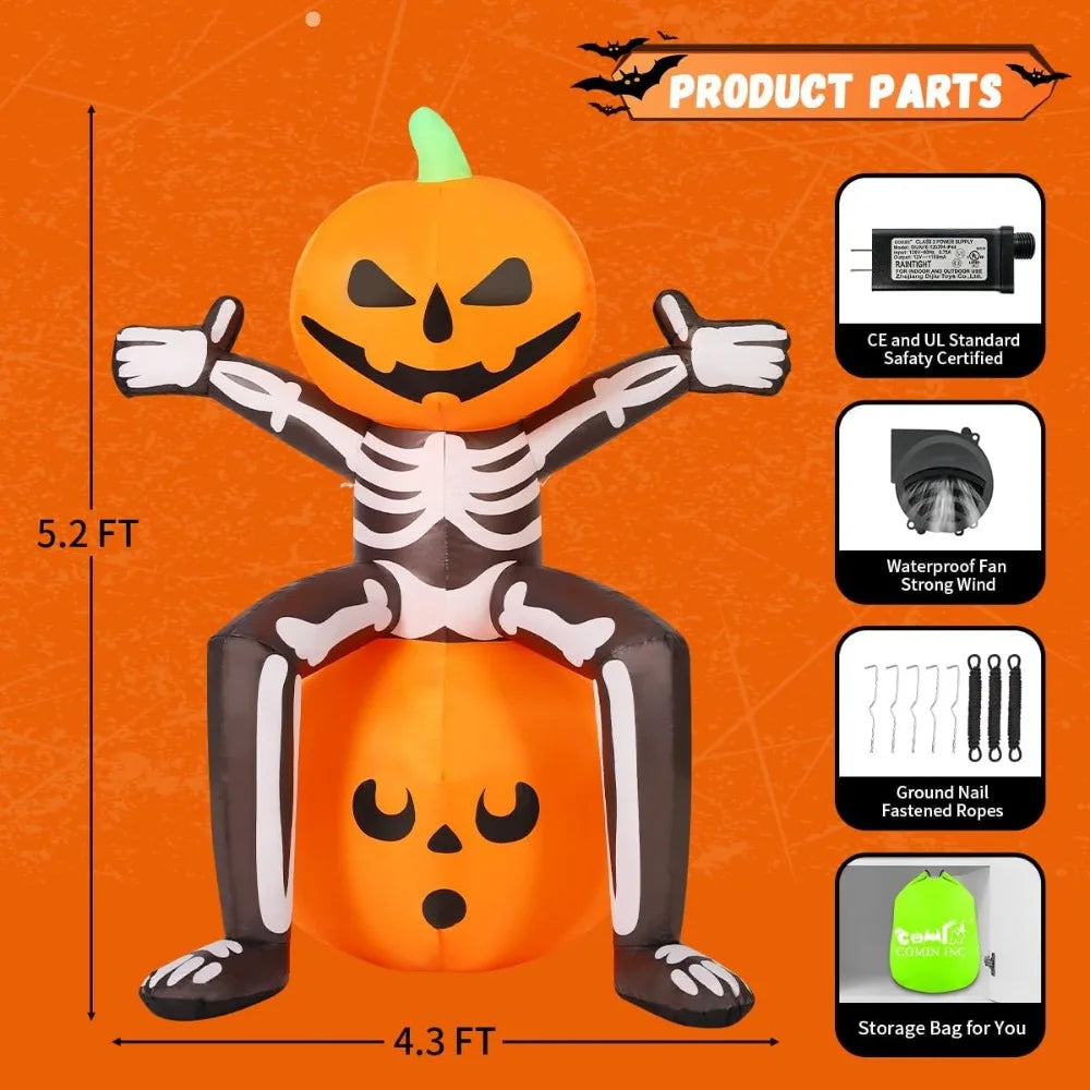 Halloween Inflatable 5FT Skull Skeleton Pumpkin Head with Built-in LEDs Blow Up Yard Decoration for Holiday Party Indoor,Outdoor - Charlie Dolly