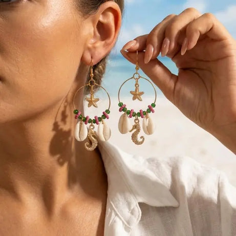 Y2K Starfish, Shell and Irregular Stone Hoop Earrings