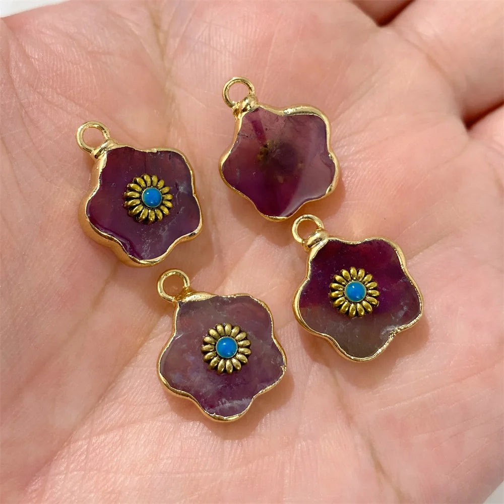2pcs Natural Stone Flower Charms Tiger Eye Lapis Lazuli Flower Pendant For Jewelry Making Necklace DIY Earrings Bracelet15x20mm