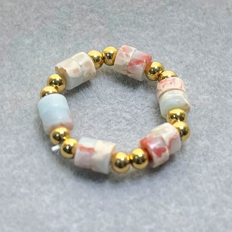 Boho 2*4mm Natural Stone Rings Women Handmade Jewelry Friendship Gifts Agate Tigereye Opal Statement Ring Stainless Steel Beads