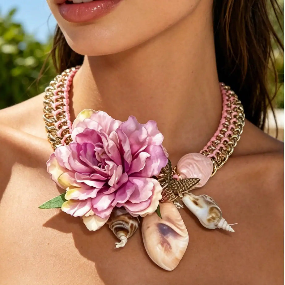 Pink Floral Shell Choker and Earring Set