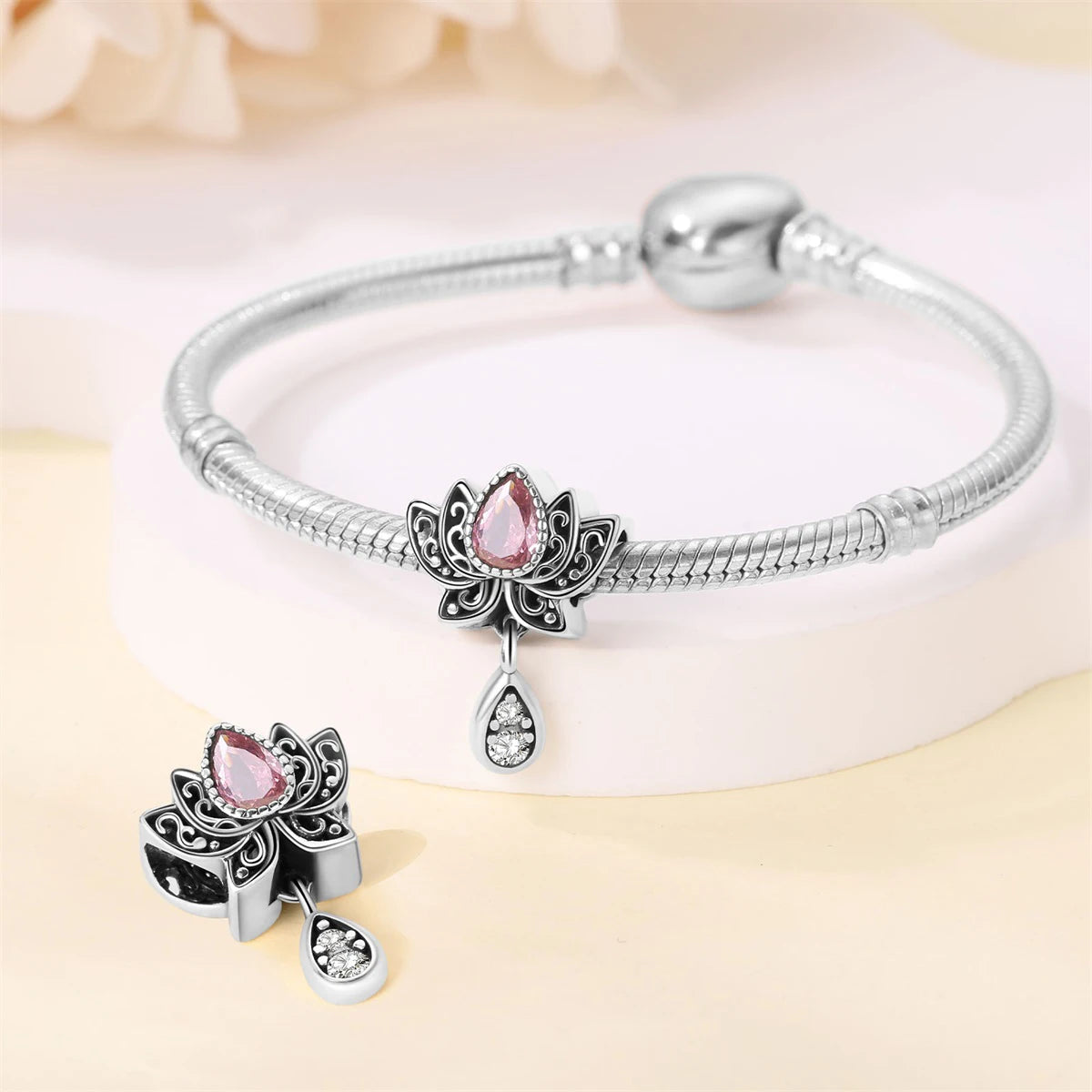 925 Sterling Silver lotus Charms Pendant with Cubic Zirconia,Fit DIY bracelet necklace Gift for Her，Colgante Plata