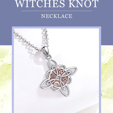 S925 Sterling Silver Witch Knot Pendant Necklace, Celtic Star & Moon Witchcraft Amulet