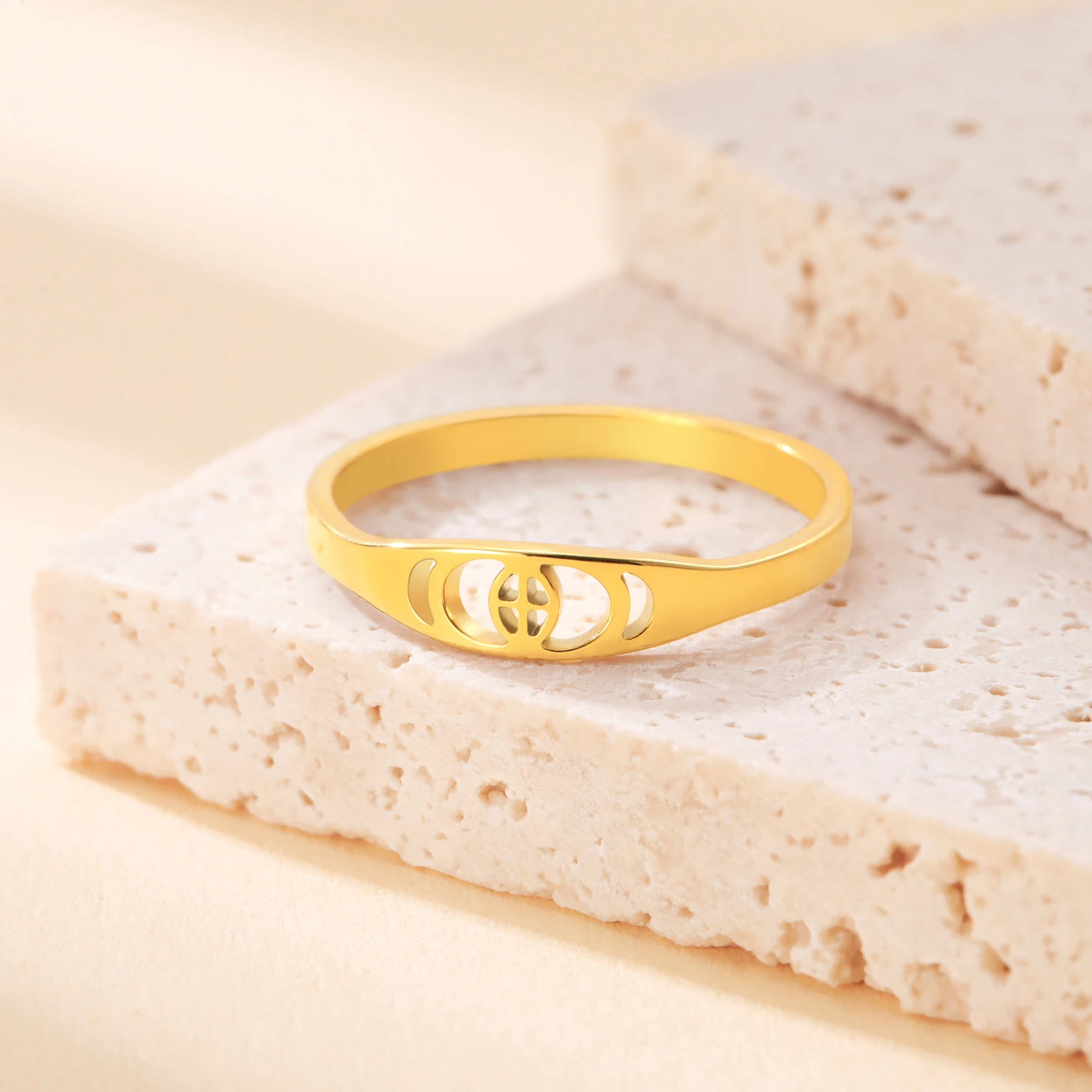 Crescent Moon Phase Ring, Stainless Steel Trendy Celestial Band Talisman
