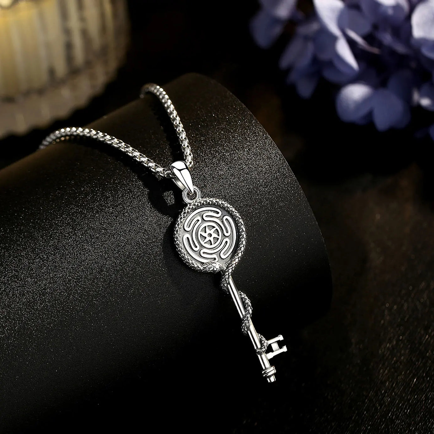 S925 Sterling Silver Hecate Wheel, Snake & Key Pendant Necklace, Triple Goddess Witch Pagan Amulet