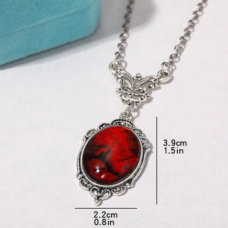 Gothic Blood Red Quartz Charm Necklace Oval Pendant Necklace For Women Halloween Vampire Embossed Witch Jewelry Vintage Chokers - Charlie Dolly