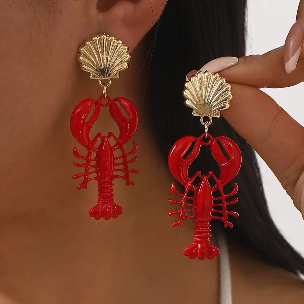 Boho Handmade Lobster Earrings Stone Beaded Enamel Necklace Lobster Metal Shells Earring for Women Summer Beach Popular Jewelry