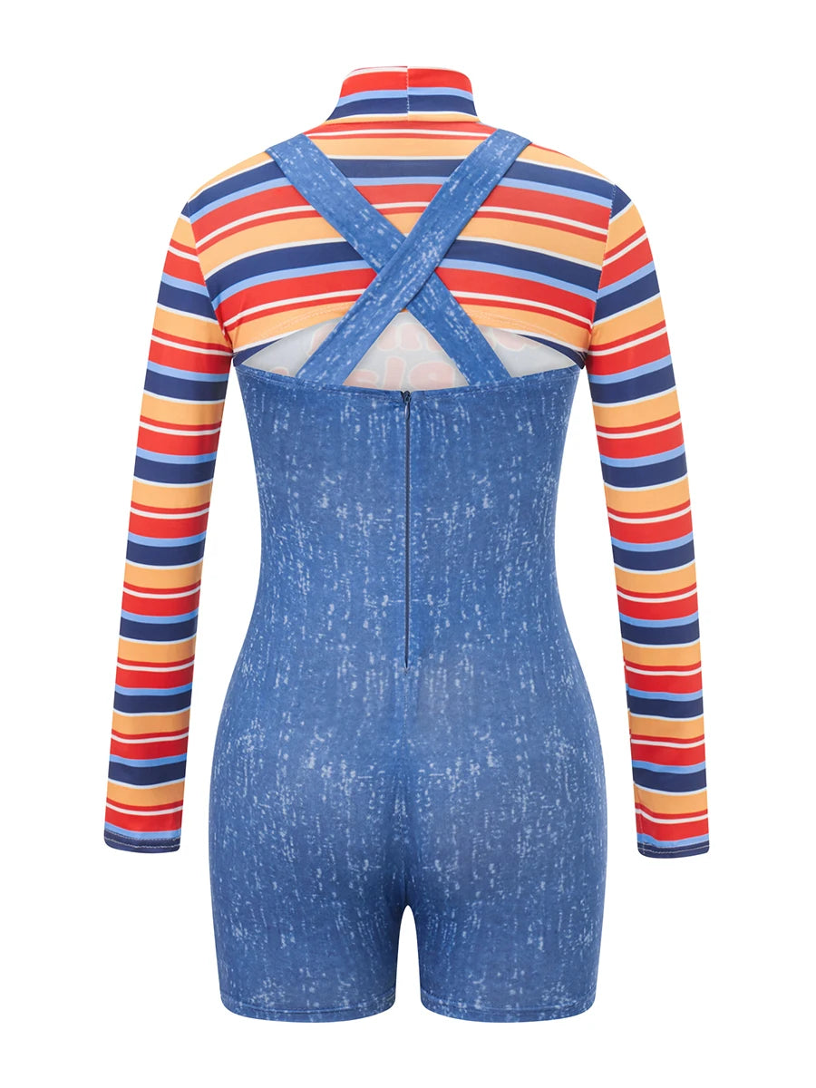 Women 2 Pcs Halloween Costumes Scary Nightmare Killer Doll Wanna Play Movie Character Bodysuit Chucky Doll Cosplay Costume Set - Charlie Dolly