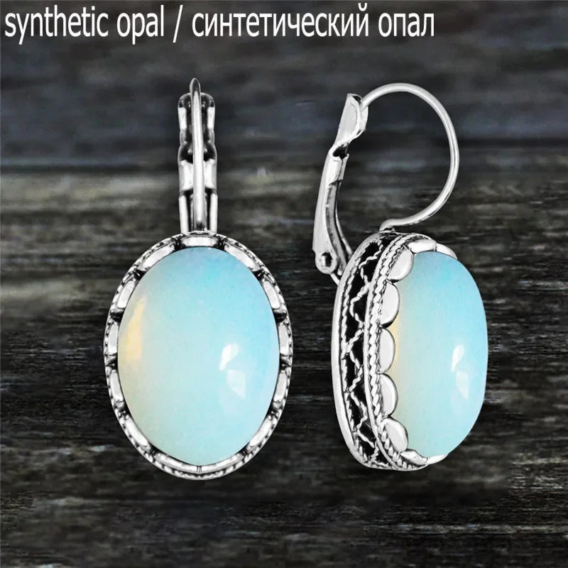 Oval Amethysts Earrings For Women Tibetan Silver Natural Stone Rose Quartz Lapis Lazuli Tiger Eye Fashion Earring