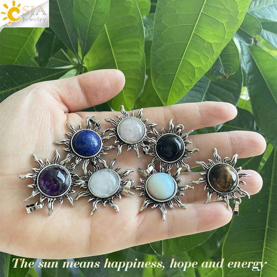 CSJA Vintage Sun Flower Pendant Natural Stone Crystal Necklace Genuine Round Amethysts Pink Quartz Obsidian Lapis Lazuli H120 - Charlie Dolly