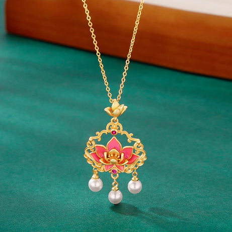 Pink Lotus Ruyi Lock & Pearl Tassel Enamel Necklace, Buddhist Blessing Talisman