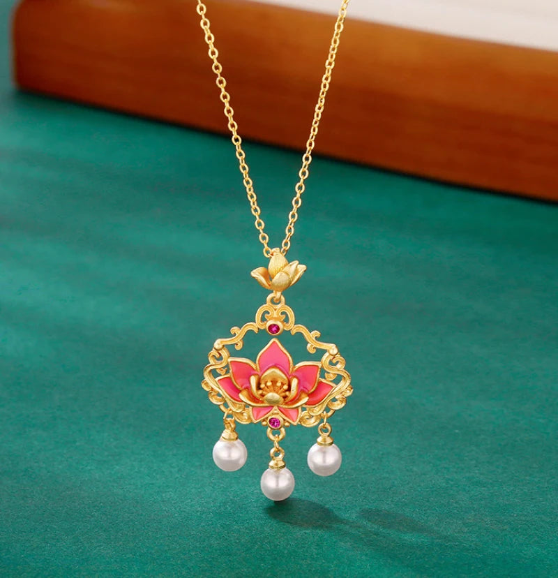 Classic matte pink lotus flower Ruyi lock necklace pearl tassel pendant enamel collarbone chain wedding for women jewelry gift