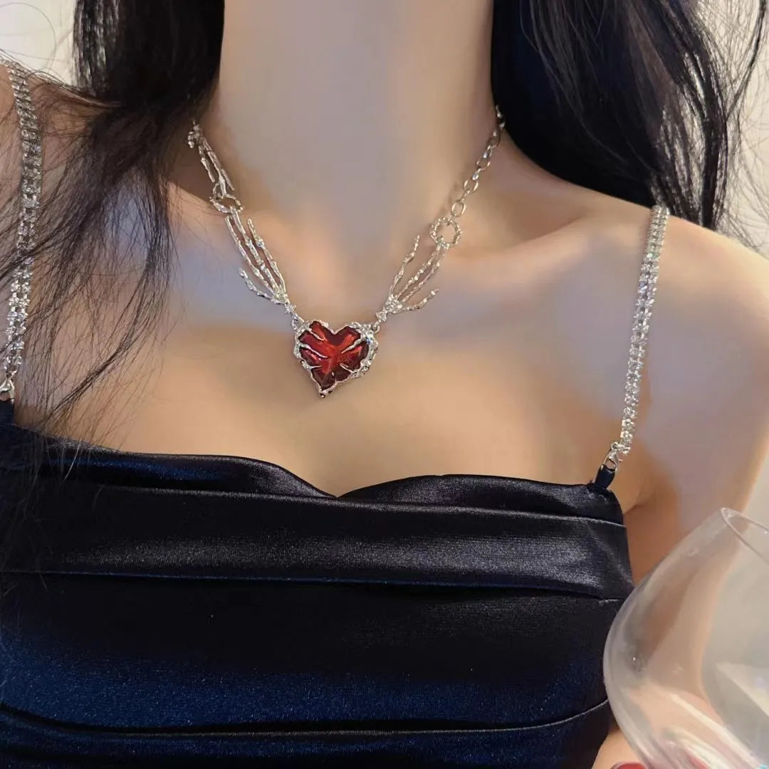 Gothic Vintage Red Heart Ghost Claw Pendant Chain Necklace for Women Men Halloween Punk Y2K Grunge Hip Hop Jewelry Accessories - Charlie Dolly