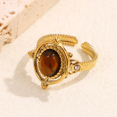 Baroque Zircons Natural Stone Rings For Women Vintage Boho Stainless Steel Opening Finger Ring Wedding Fashion Jewelry Gifts - Charlie Dolly