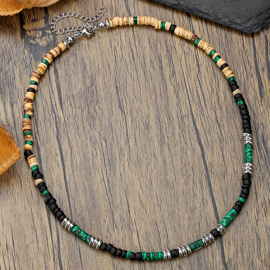 Coconut Shell, Turquoise and Wood Bead Boho Necklace for Men