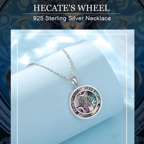 S925 Sterling Silver Hecate Wheel Pendant Necklace, Abalone Triple Moon Goddess Wiccan Amulet