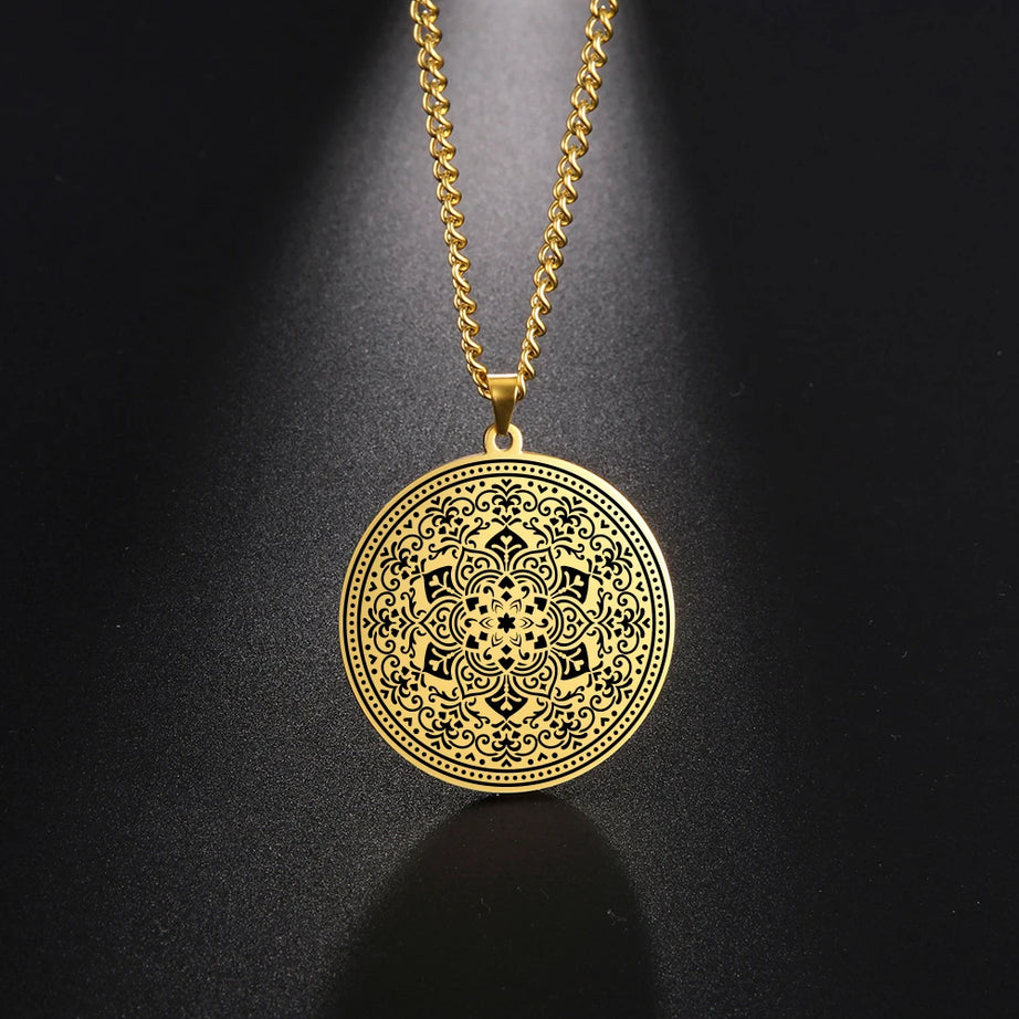 Lotus Chakra Mandala Pendant Necklace, Stainless Steel Buddhist Hindu Meditation Amulet
