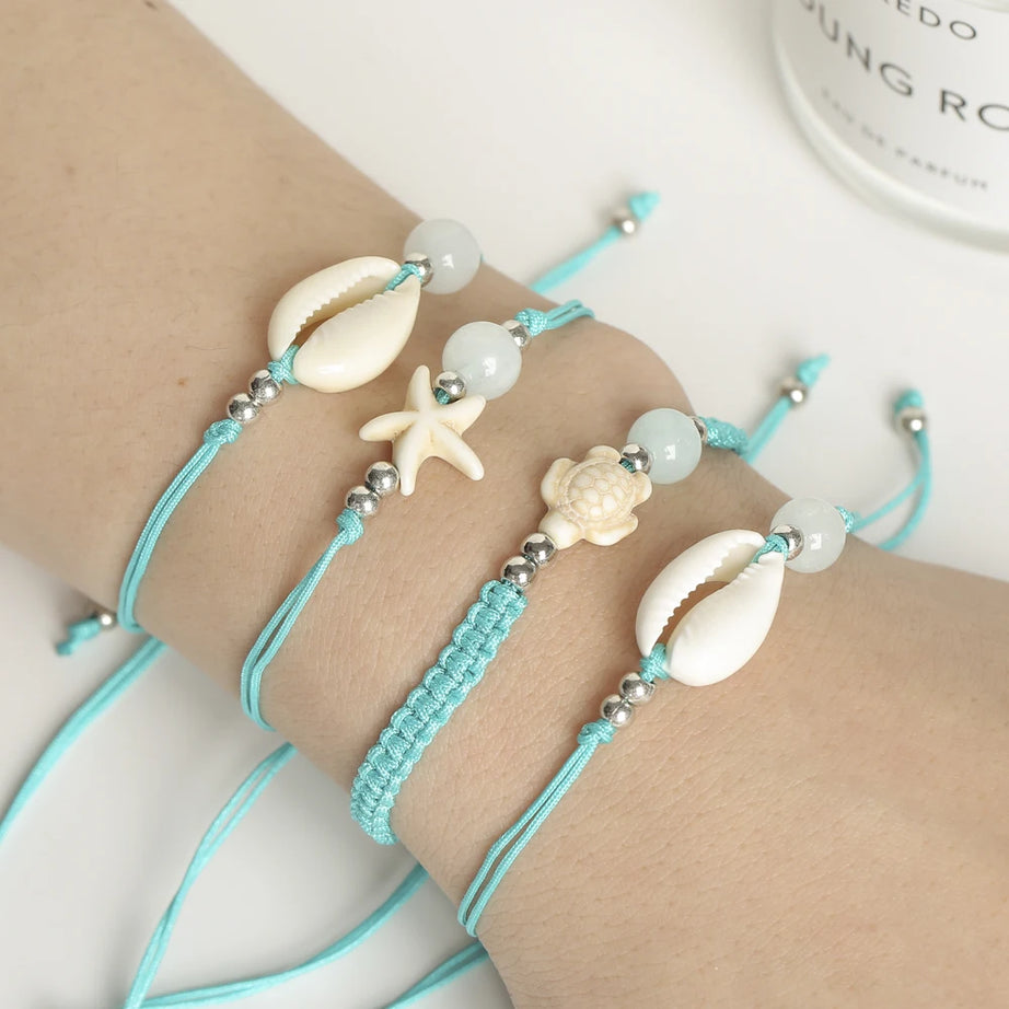 Shell, Starfish and Turtle Charm Braided Rope Bracelet Set (12 Pieces)