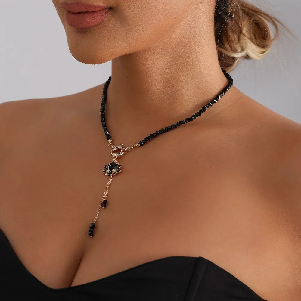 Fashion Temperament Rhinestone Lotus Tassel Pendant Irregular Black Triangular Crystal Beaded Necklace for Women Jewelry Gifts