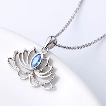 Huitan Lotus Flower Shaped Lady Pendant Necklace Silver Color Inlaid Blue CZ Trendy Wedding Party Daily Accessories Jewelry Gift