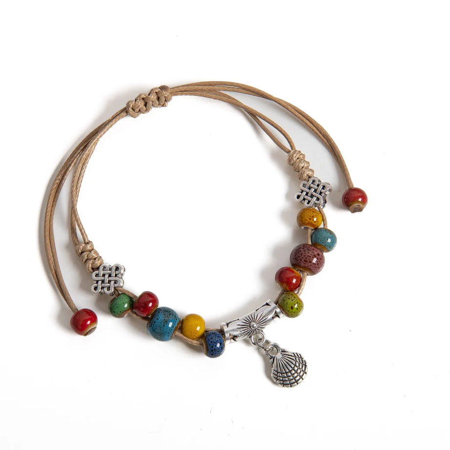 Ceramic Bead and Shell Charm Handmade Rope Bracelet
