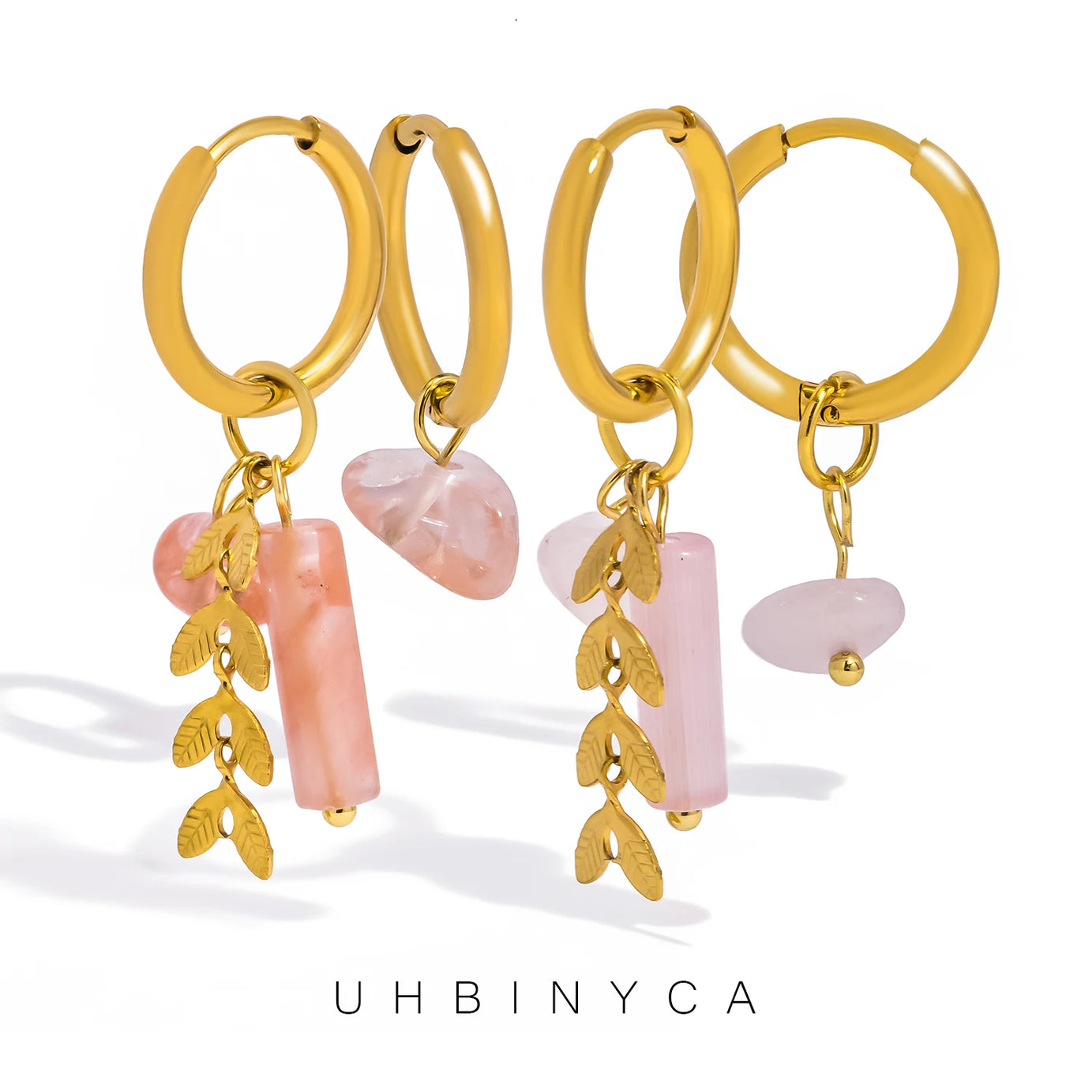 Pink Natural Stone Hoop Drop Earrings, 18K Gold Stainless Steel Boho Jewelry