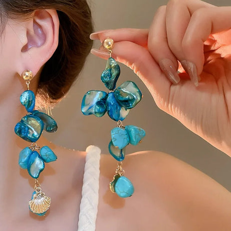 Irregular Shell, Starfish and Pearl Tassel Necklace and Earring Set