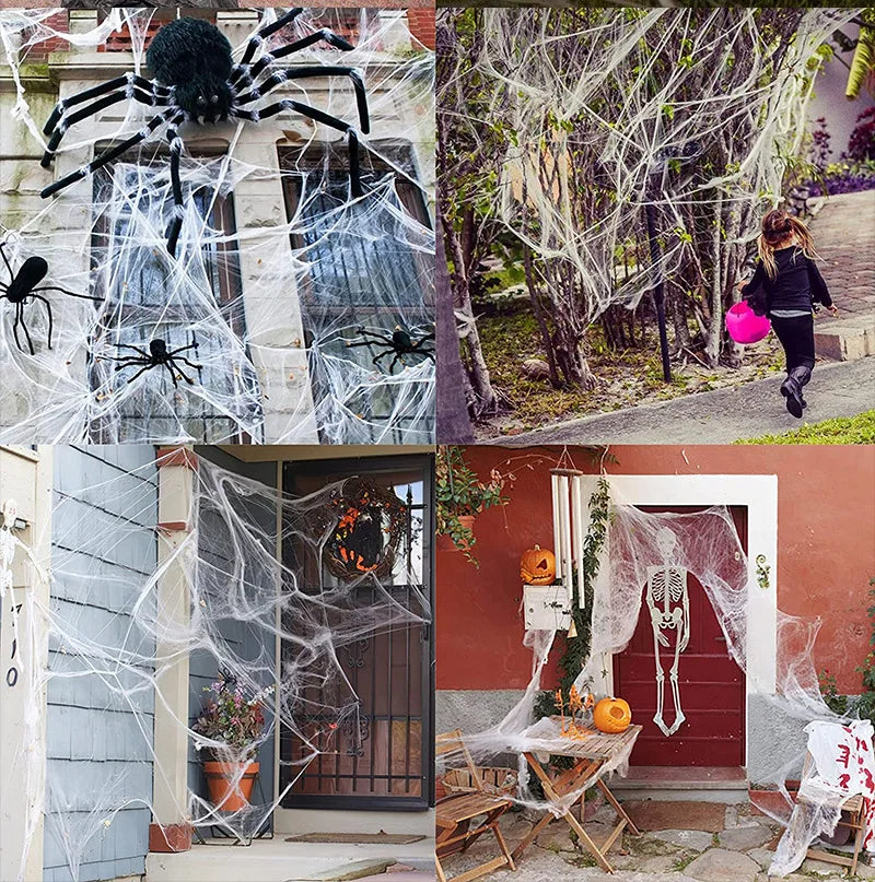 1pc Halloween Elastic Spider Web with Spider Horror Haunted House Yard Scene Arrangement Halloween Faux Decorative Props 2024 - Charlie Dolly