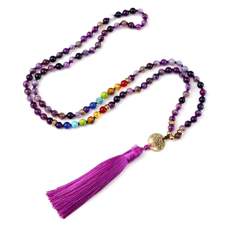 Purple Agate 7 Chakra Mala Necklace Jewelry