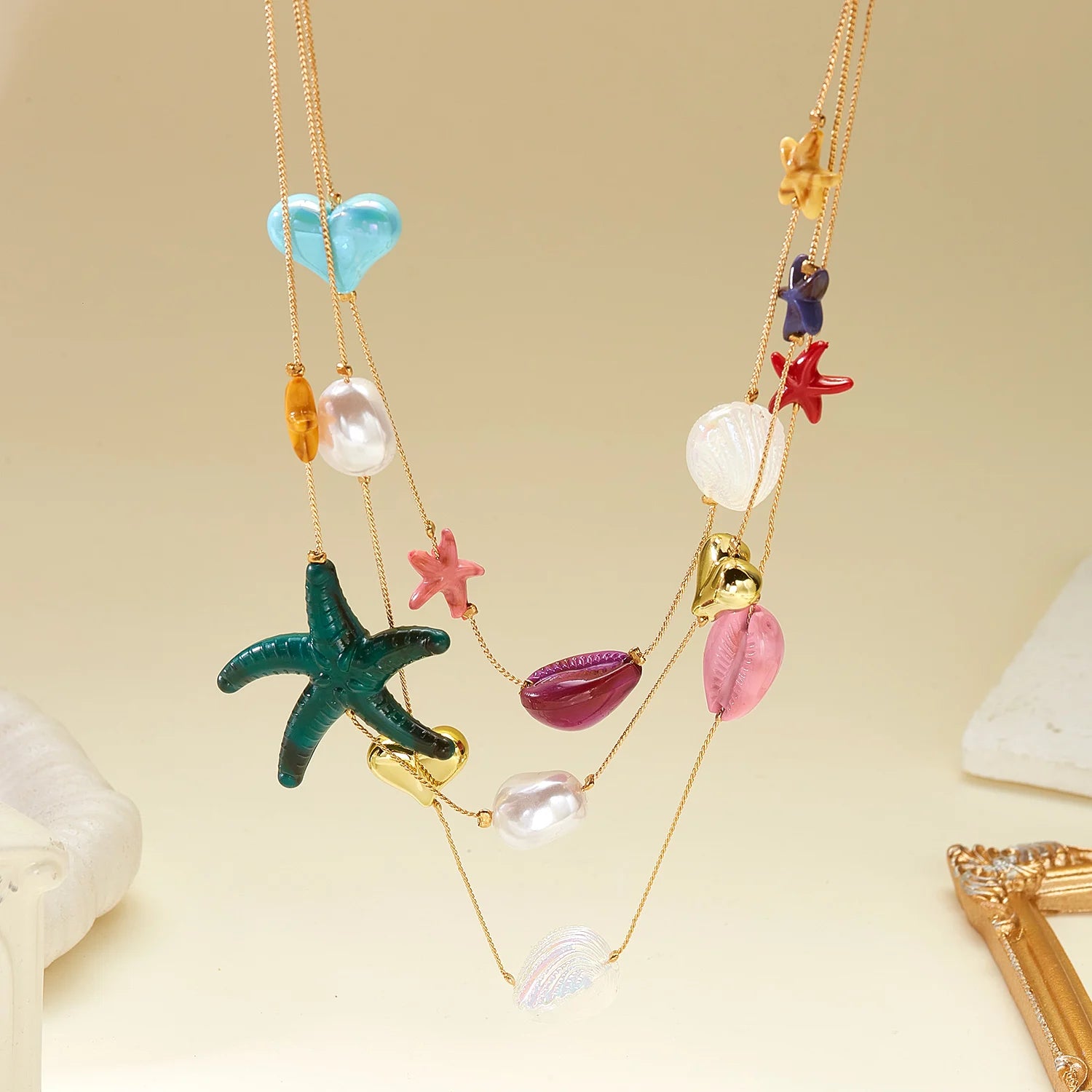 Boho Tropical Beach 3 Layer Necklace for Women Gold Color Colorful Resin Starfish Heart Shell Summer Vacation Jewelry