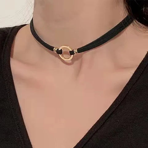 Black Leather Velvet O Ring Choker Necklace Jewelry