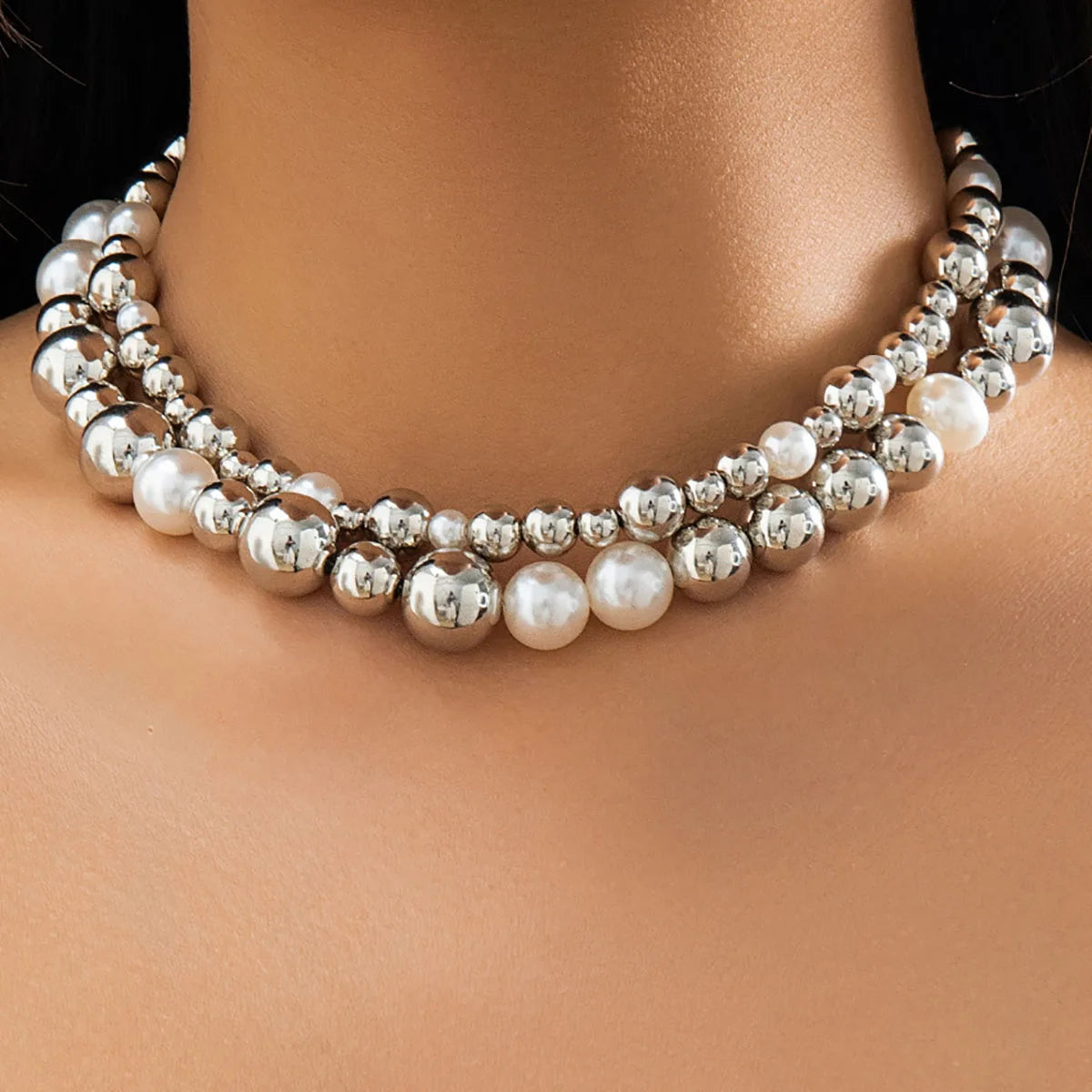 Mixed Pearl Ball Layered Collar Necklace Jewelry