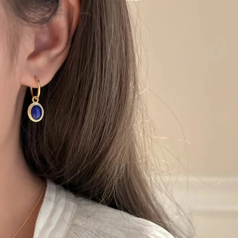 Light luxury retro high-end fashion oval lapis lazuli necklace earrings buckle party simple and elegant blue jewelry sets