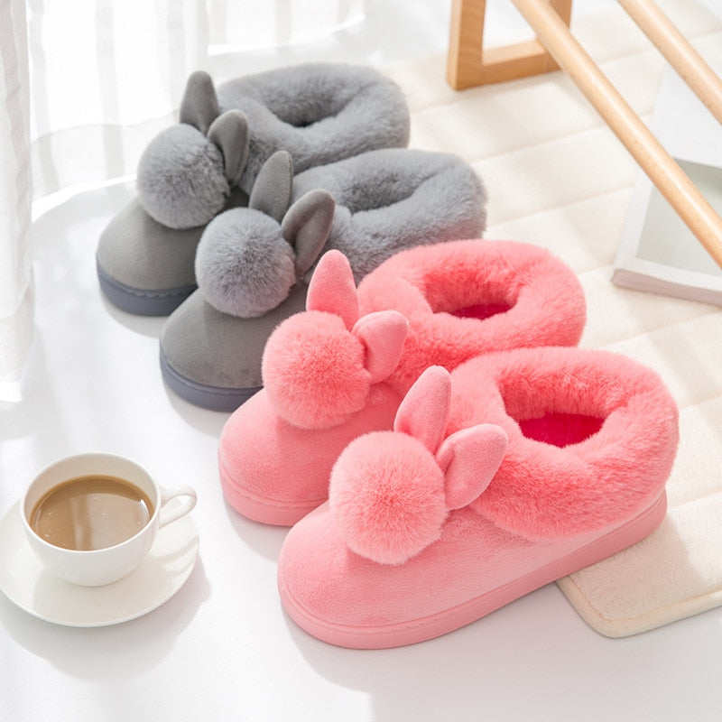 FONGIMIC Women Winter Slippers Warm Cute Cotton Slippers Ladies Autumn Velvet Home Floor Thick Bottom Cartoon House Rabbit Shoes - Charlie Dolly