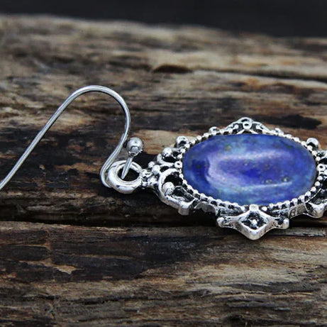 Vintage Look Natural Stone Lapis Lazuli Jewelry Sets Solid Silver Plated Necklace Earrings Flower Fashion Jewelry - Charlie Dolly