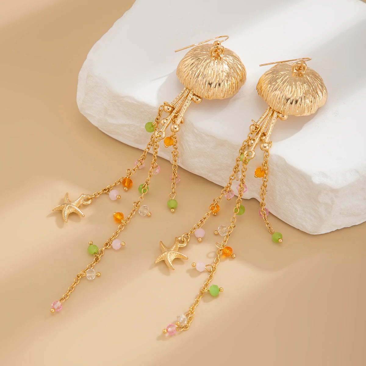 Ingemark Boho Starfish Jellyfish Imitation Pearls Crystal Long Tassels Earrings Women Trendy Piercing Drop Earrings Y2K Jewelry