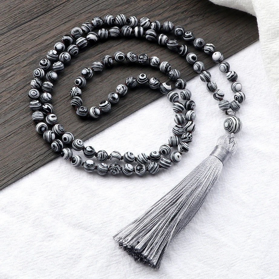 Men Natural Malachite Stones Necklaces Boho 108 Tiger Eye Beads Handmade Necklace with Tassel Yoga Medit Jewelry Gifts For Women - Charlie Dolly