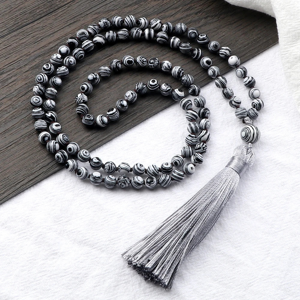 Men Natural Malachite Stones Necklaces Boho 108 Tiger Eye Beads Handmade Necklace with Tassel Yoga Medit Jewelry Gifts For Women
