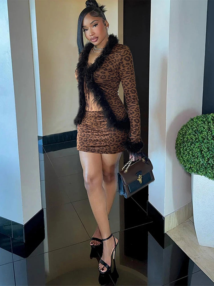 Sexy Leopard Print Women's Two Pieces Set Y2k Full Sleeve Furry Neck Lace Up Cardigan Tops Mini Skirts 2025 Chic Lady Outfits - Charlie Dolly