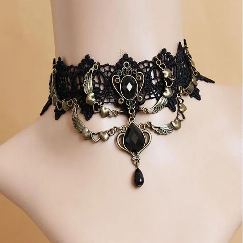Halloween Choker Necklace for Women Rhinestone Pendant Lace Gothic Necklace for Steampunk Royal Court Vampire Costume Jewelry - Charlie Dolly