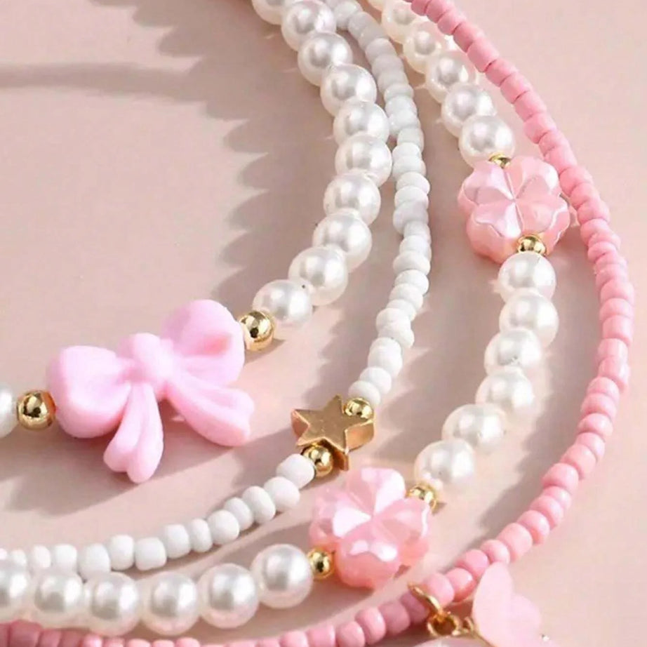 Butterfly, Heart and Flower Pearl Kids Friendship Necklace Set (4 Pieces)