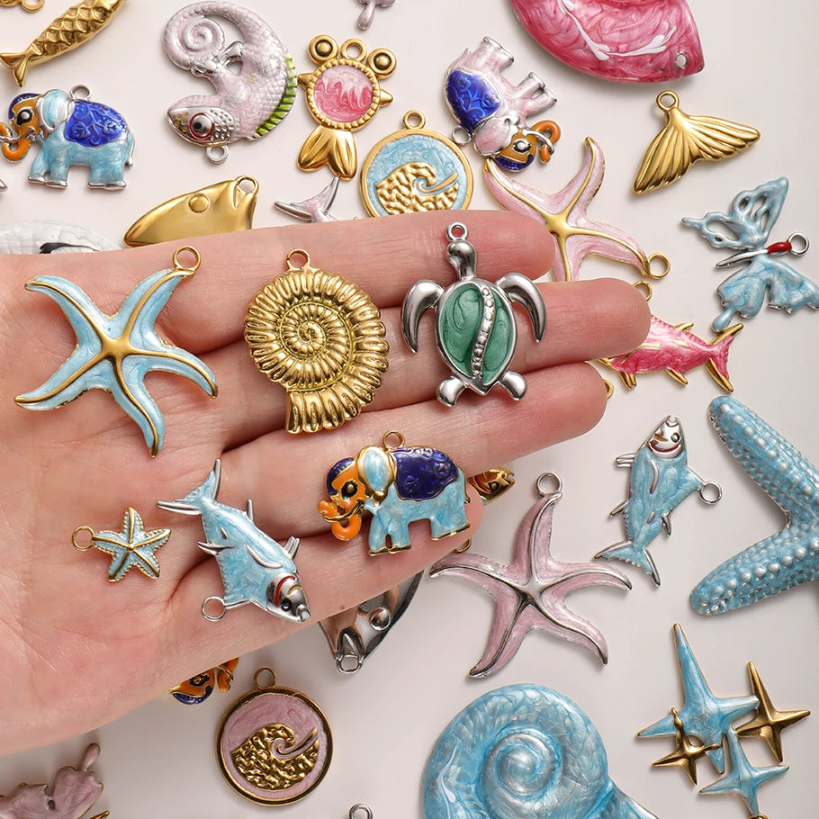 3/8Pcs Boho Summer Marine Sea Animal Starfish Turtle Pendant Jewelry Making Enamel Lizard Gecko Butterfly Colgantes Wholesale
