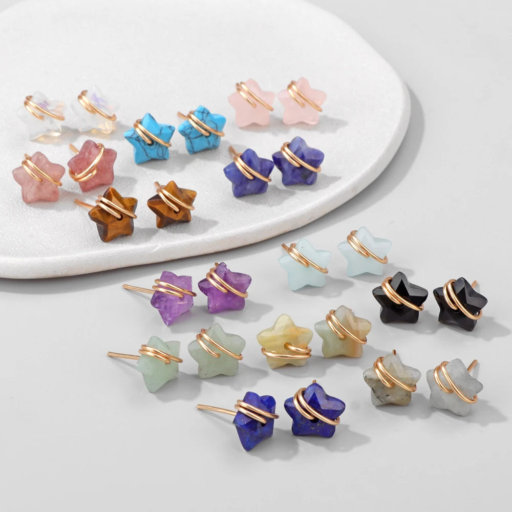 12mm Lapis Lazuli Star Earrings Natural Stone Amethysts Opal Tiger Eye Stone Blue Sodalite Ear Studs For Women Party Jewelry