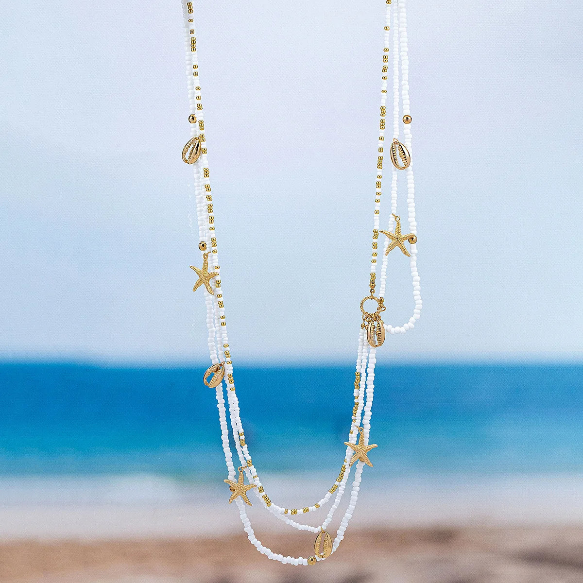 1pc Boho Multi Layer Waist Chain White Seed Bead Gold Starfish Cowrie Shell Body Belly Chain Summer Beach Bikini Body Jewelry Accessories for Women