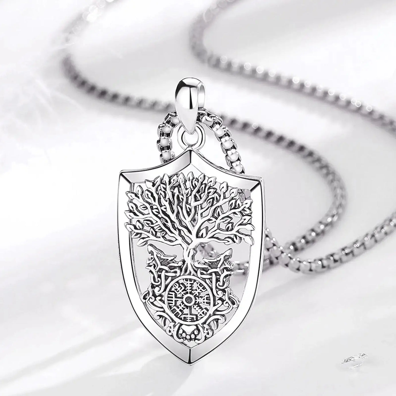S925 Sterling Silver Viking Yggdrasil Compass Pendant Necklace, Tree of Life Wolf Norse Amulet