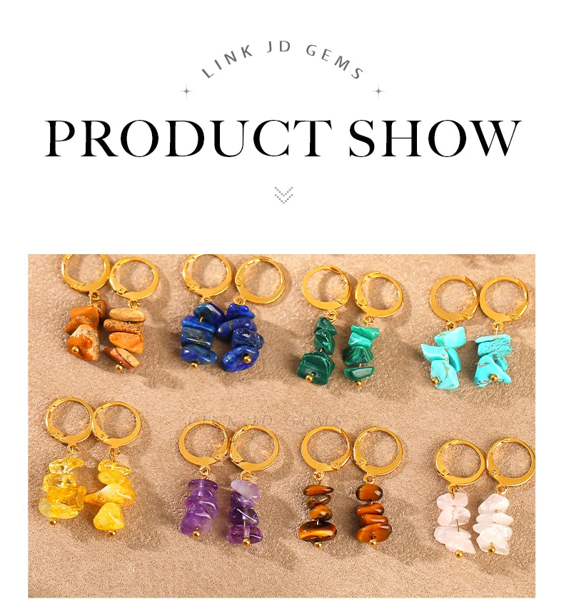 JD Bohemia Natural Stone Gravel Pendant Golden Hoop Earrings Women Raw Amethyst Chips Charms Dangle Reiki Healing Earring Gift