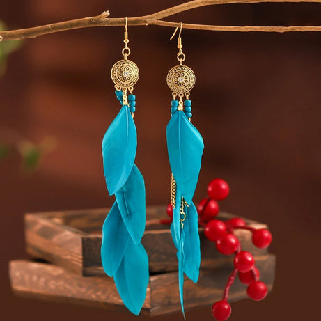 Feather Crystal Flower Bead Long Earrings Jewelry