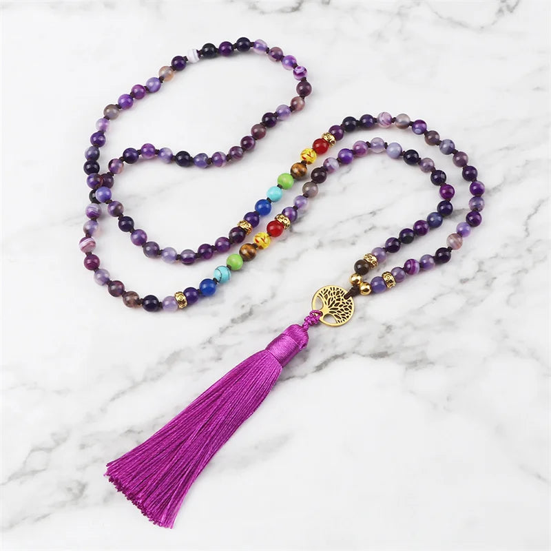 Purple Agate 7 Chakra Mala Necklace Jewelry