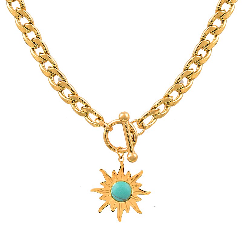 SINLEERY Stainless Steel Blue Stone Sunflower Pendant Necklace For Women Gold Color Chain Fashion Jewelry DL087 SSB - Charlie Dolly