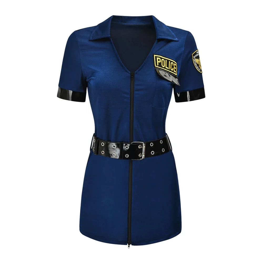 Women Sexy Police Costume Adult Cop Officer Outfit Erotic Clubwear Carnival Halloween Cosplay Fancy Party Dress Blue-(NO Baton) / M